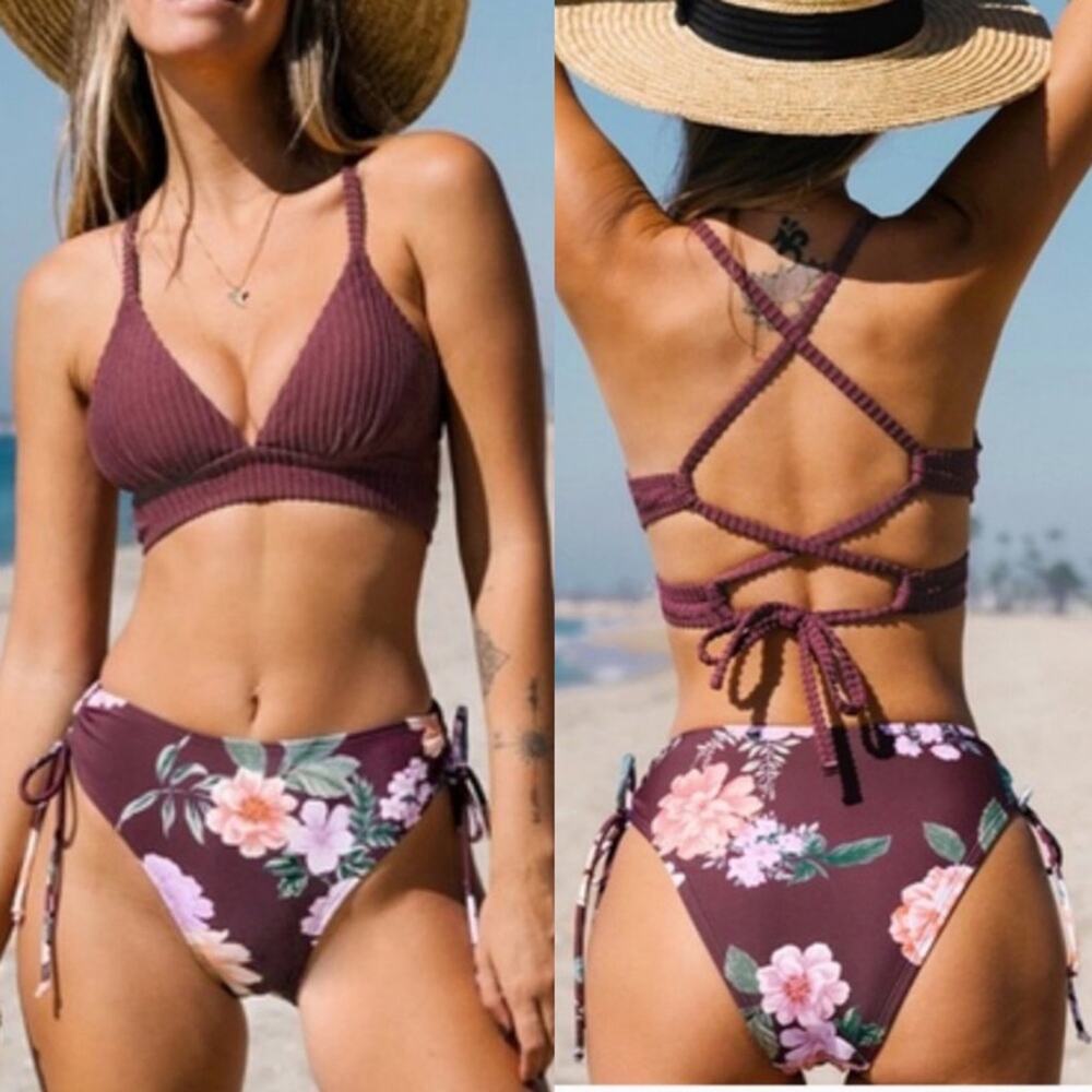 NWT - Floral Wrap Bikini in Wine